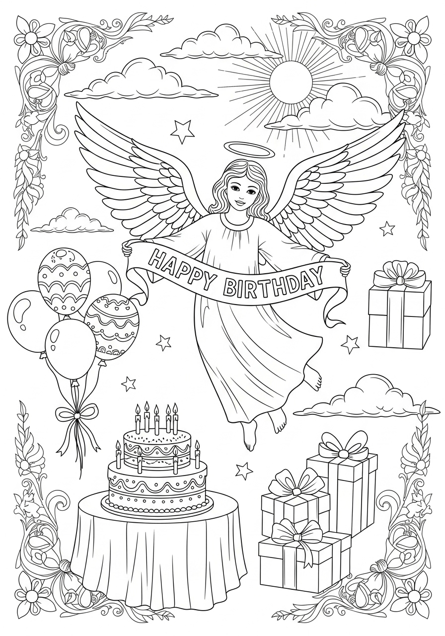 Desenho de Anjo segurando faixa de feliz aniversario para colorir