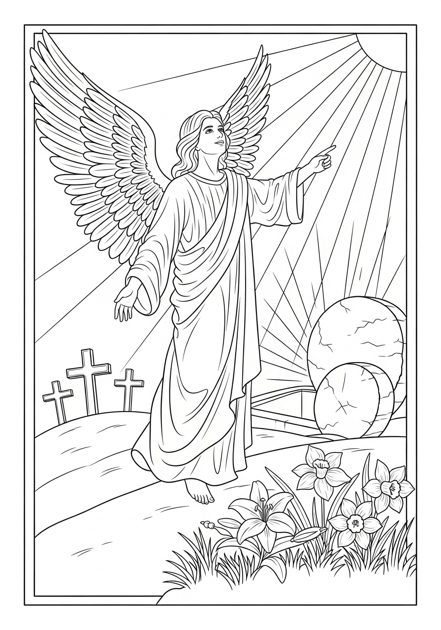 Desenho de Anjo apontando para o céu para colorir