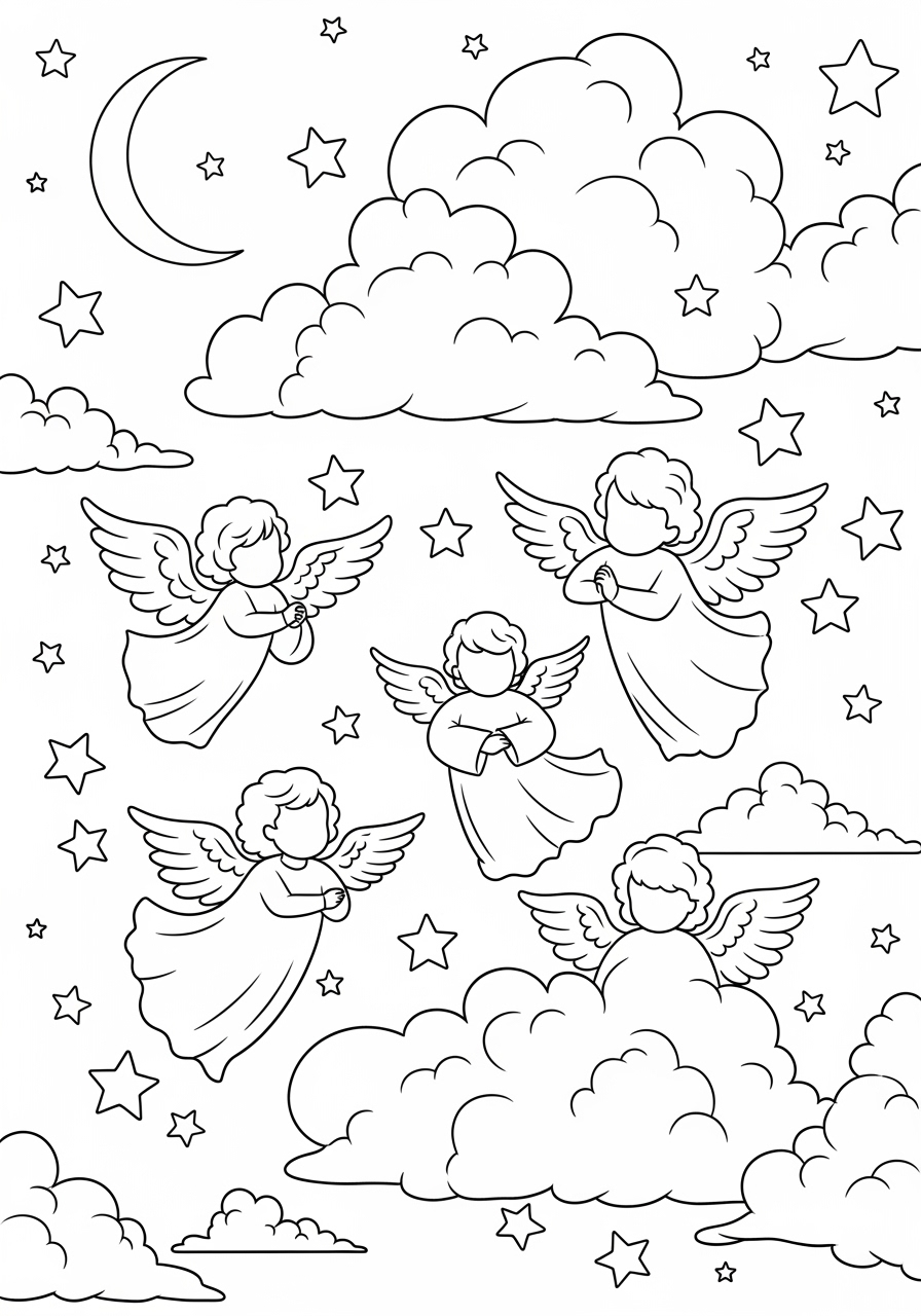 Desenho de Anjos no céu com nuvens e estrelas para colorir