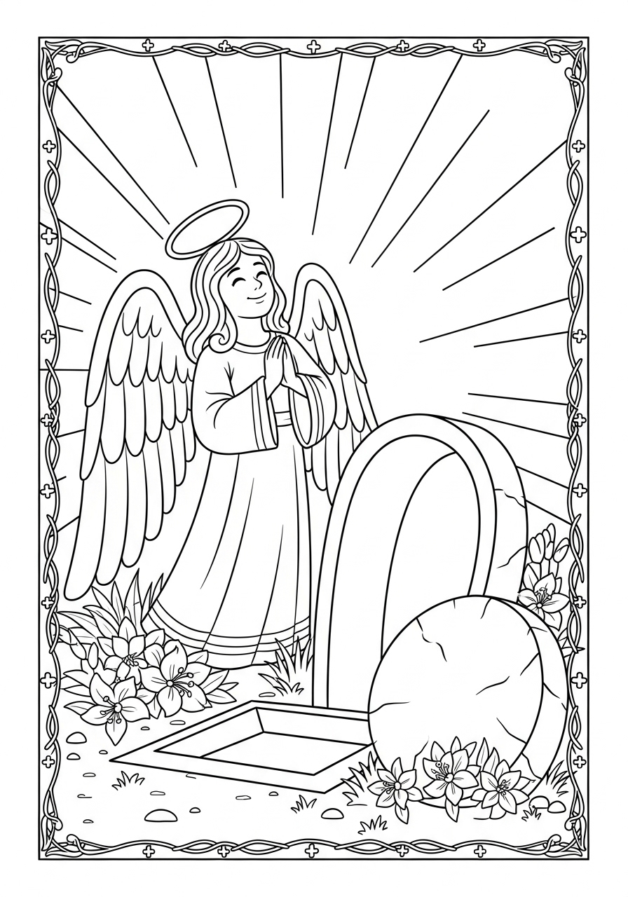 Desenho de Anjo orando perto de um túmulo para colorir