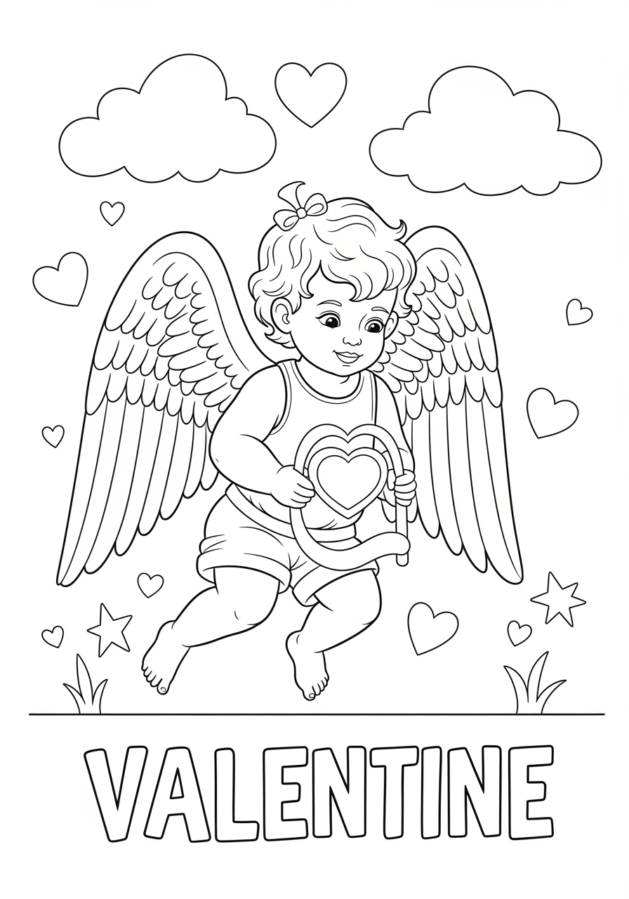 Desenho de Anjo menino segurando coração para colorir