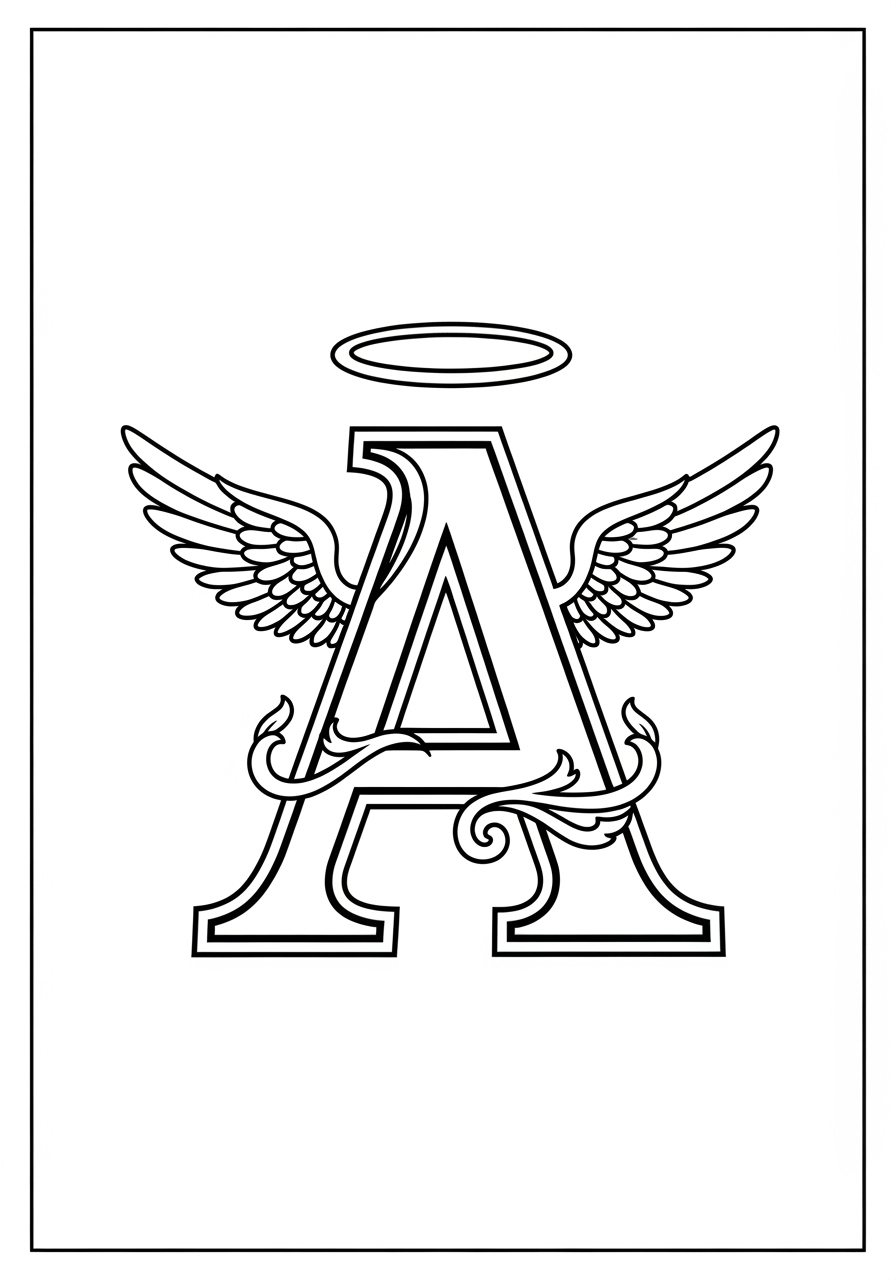 Desenho de Anjo letra A com asas e auréola para colorir