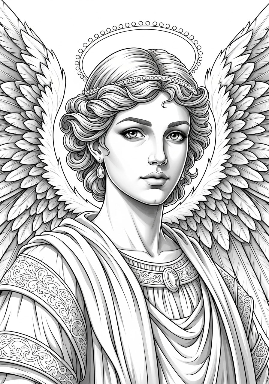 Desenho de Anjo realista com asas grandes para colorir