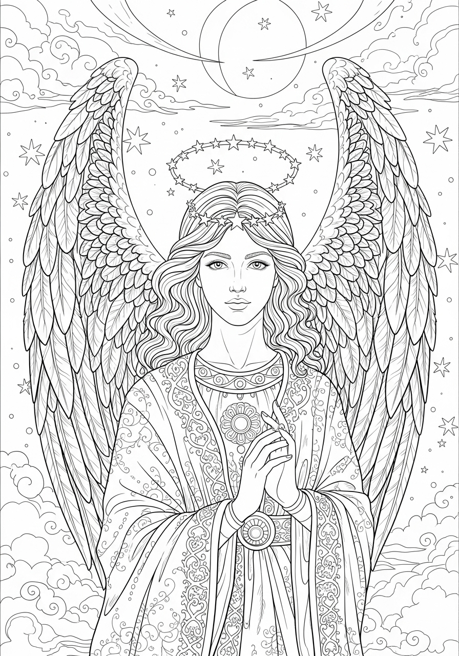 Desenho de Anjo com asas grandes e halo para colorir
