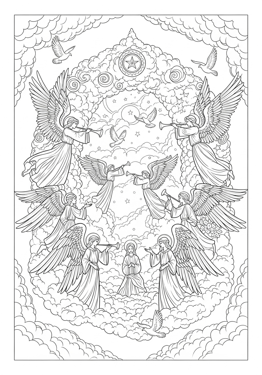 Desenho de Anjos com trombetas no céu para colorir