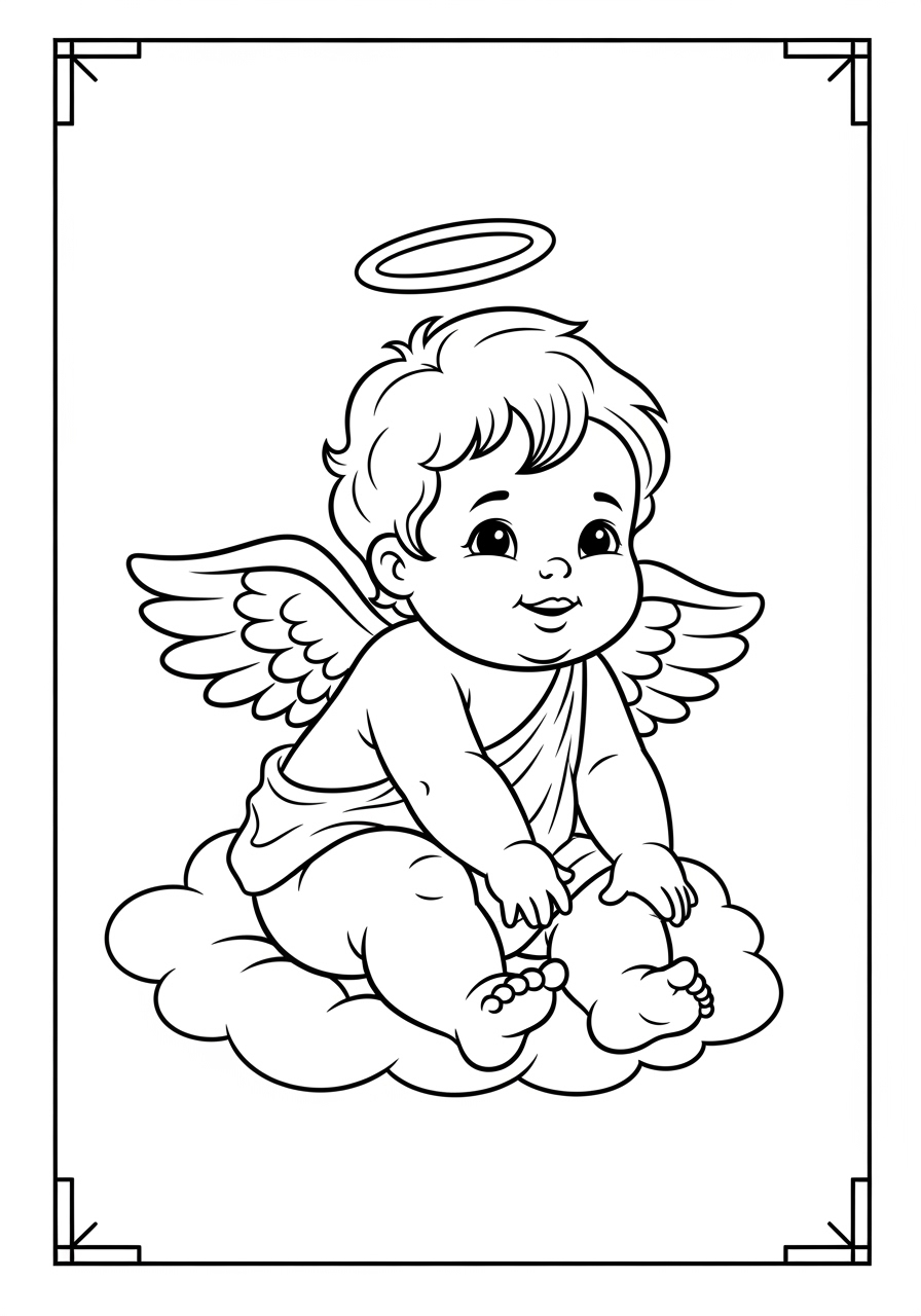 Desenho de Anjo bebê sentado em nuvem para colorir