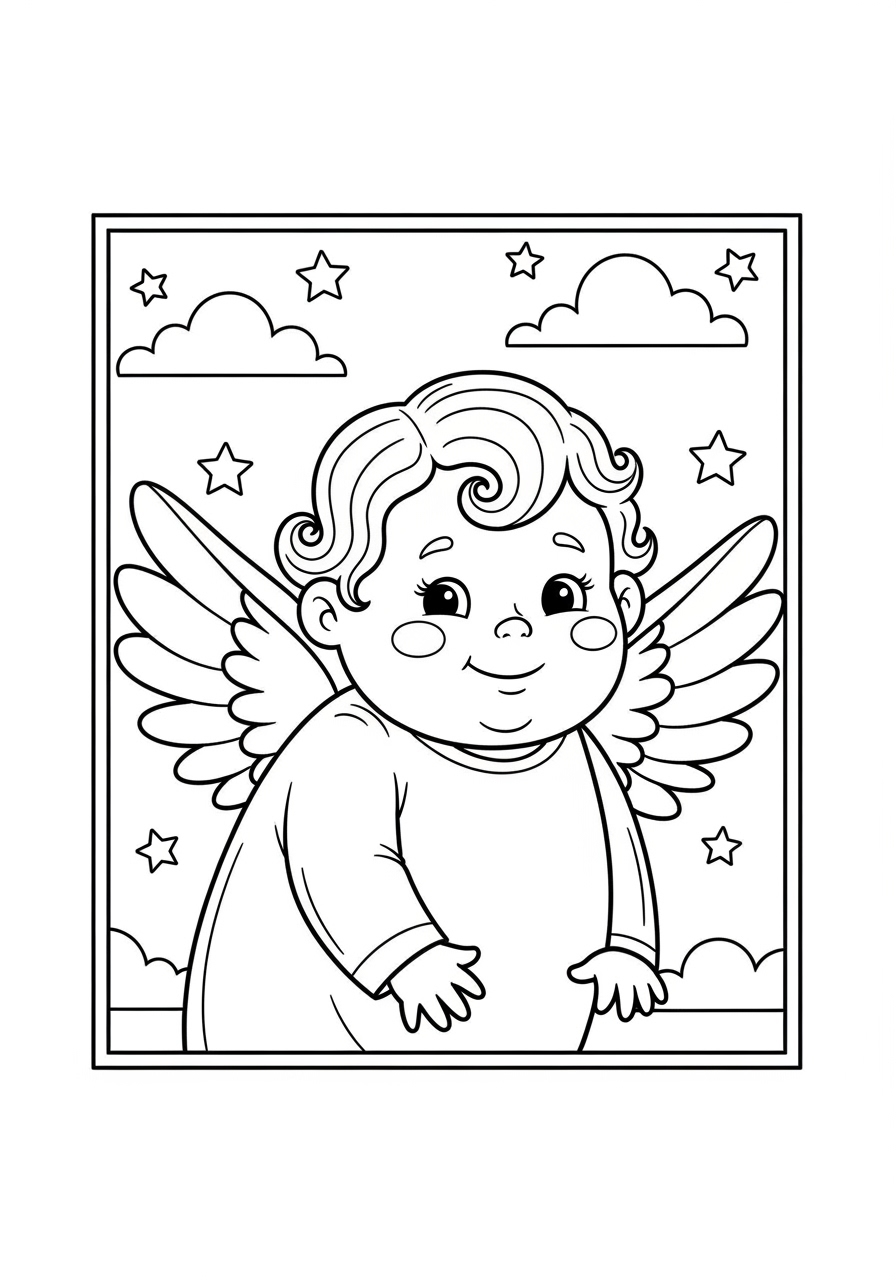 Desenho de Anjo fofo com cabelo encaracolado para colorir