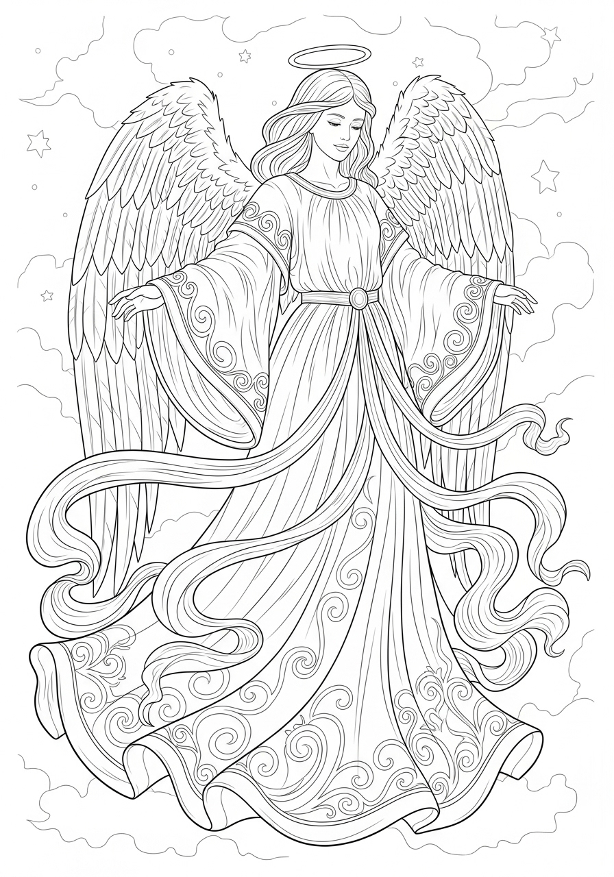 Desenho de Anjo com asas e vestido detalhado para colorir