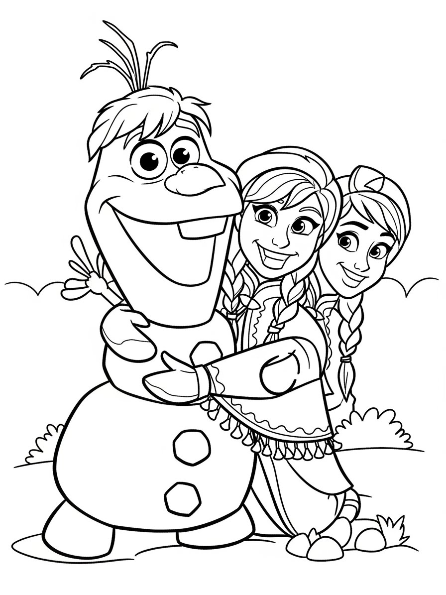 Desenho da Anna e Elsa com Olaf para colorir