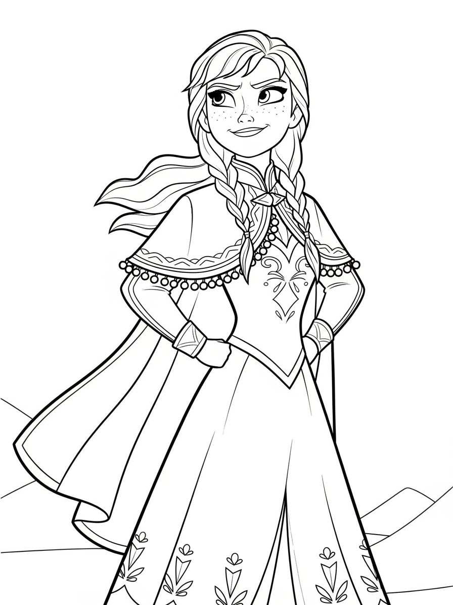 Desenho da Anna com vestido e cabelos soltos para colorir