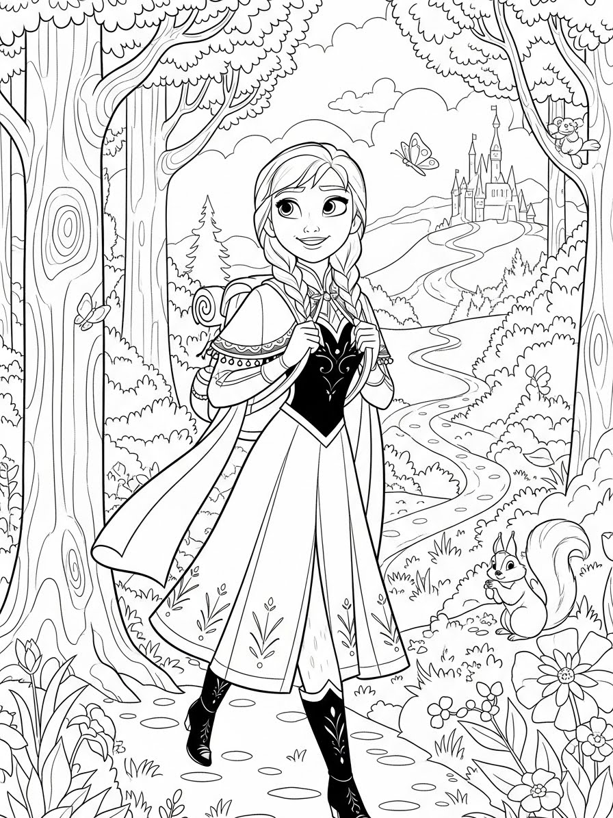 Desenho da Anna caminhando em um bosque para colorir