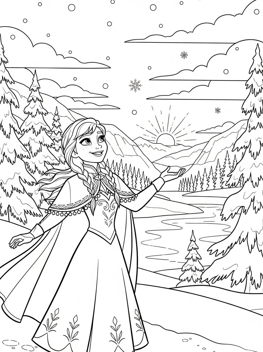 Desenho da Anna com cenário invernal para colorir
