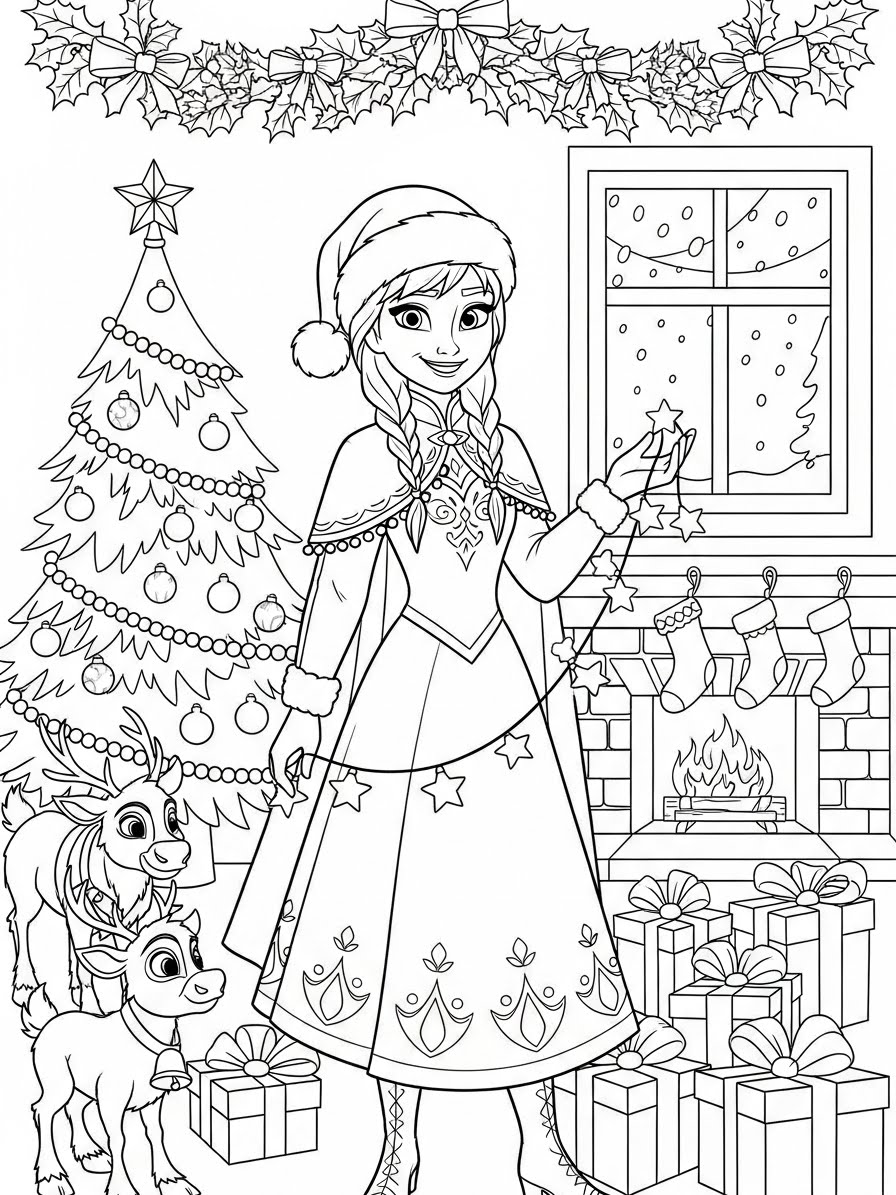 Desenho da Anna preparando o Natal com o Olaf para colorir