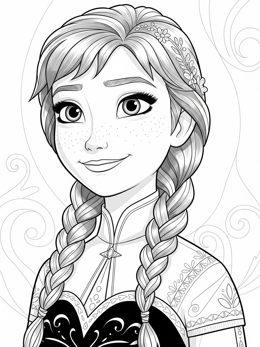 Desenho da Anna com cabelos trançados para colorir