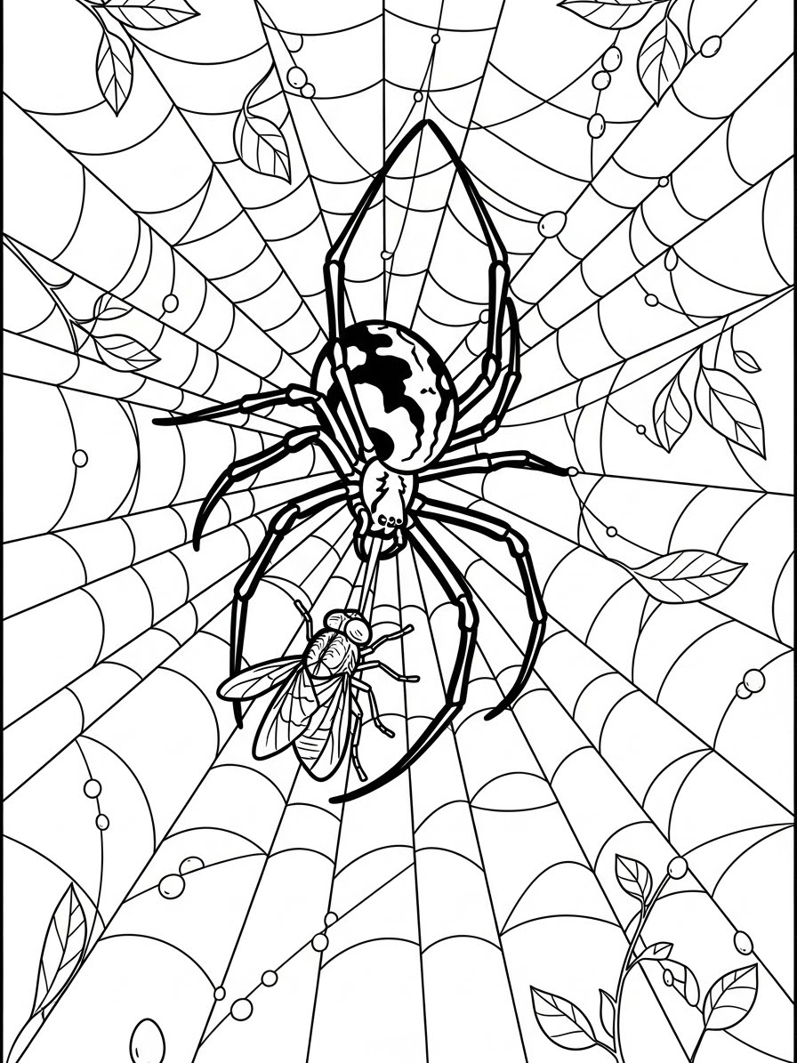 Desenho de Aranha em teia com inseto para colorir