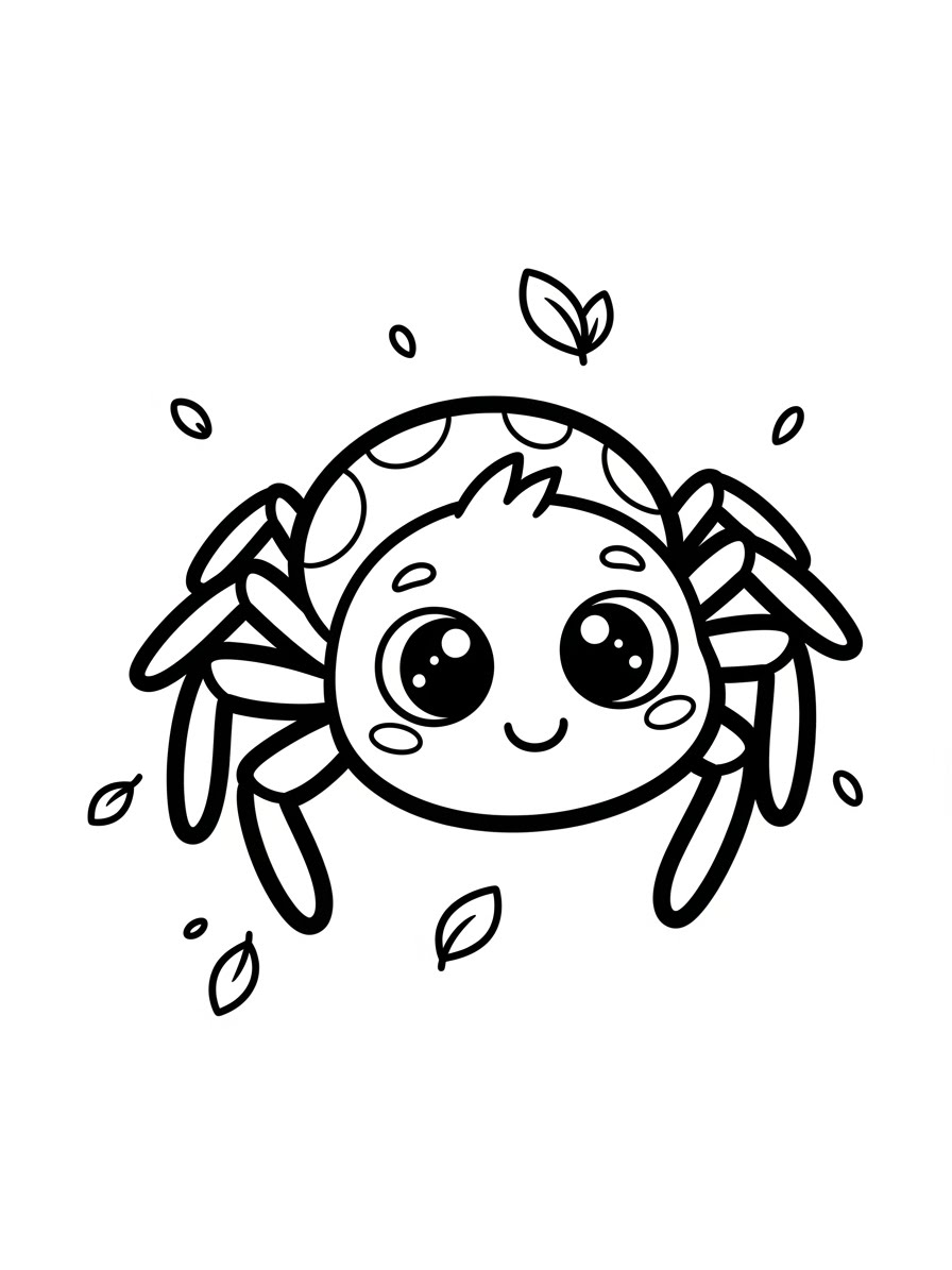 Desenho de Aranha fofa com folhas para colorir