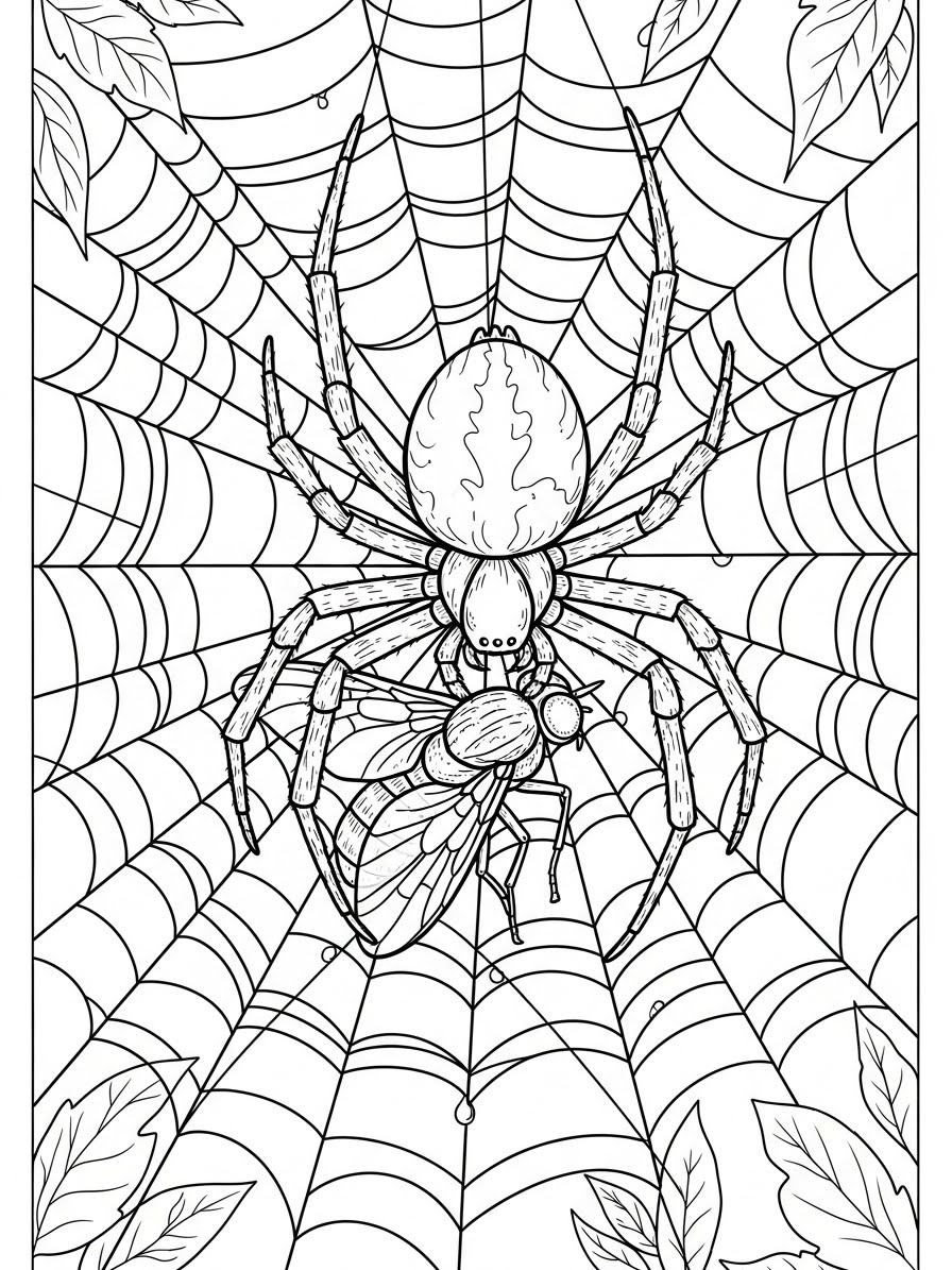 Desenho de Aranha na teia capturando inseto para colorir