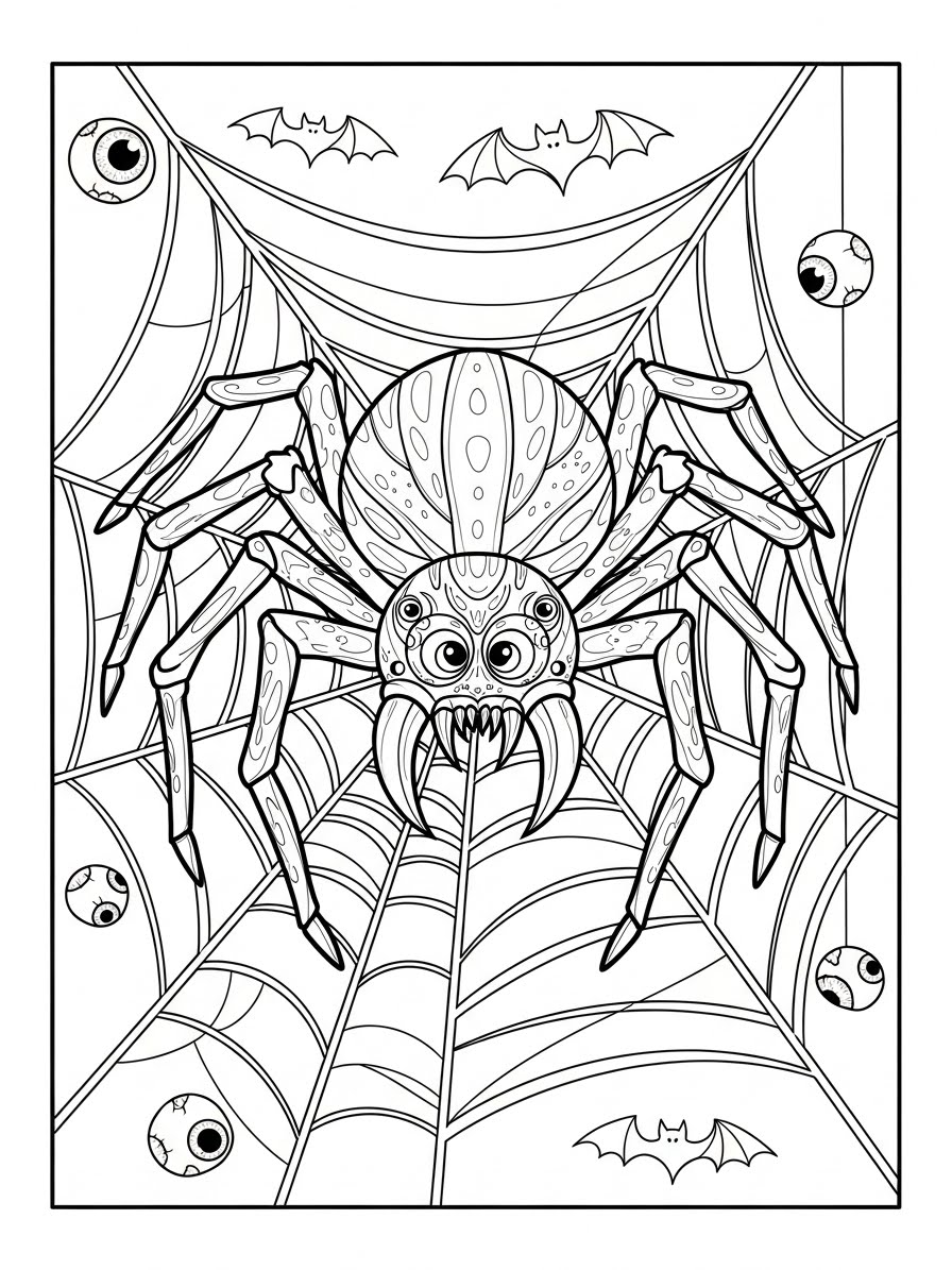 Desenho de Aranha em teia com morcegos para colorir