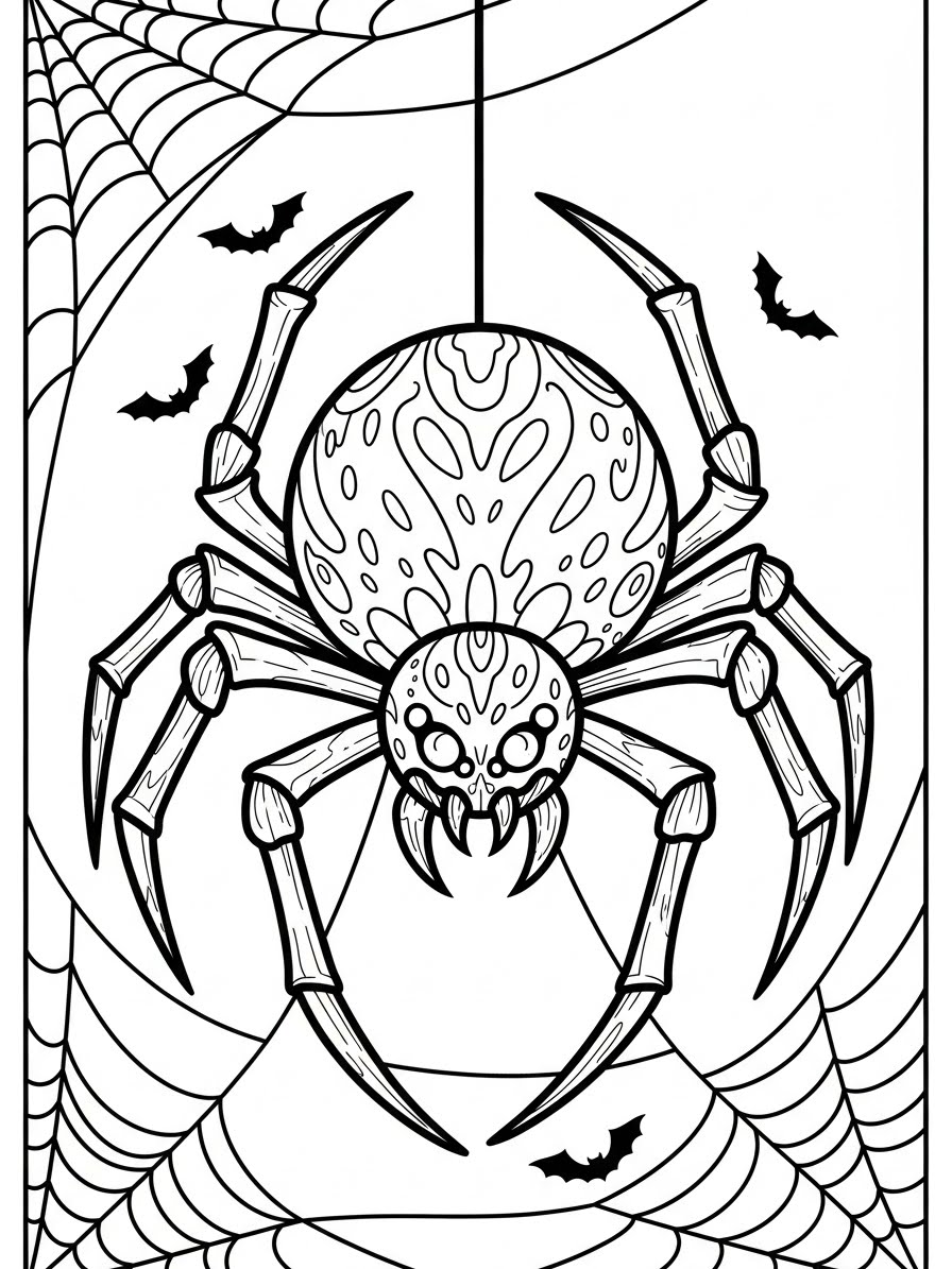 Desenho de Aranha com teia e morcegos para colorir