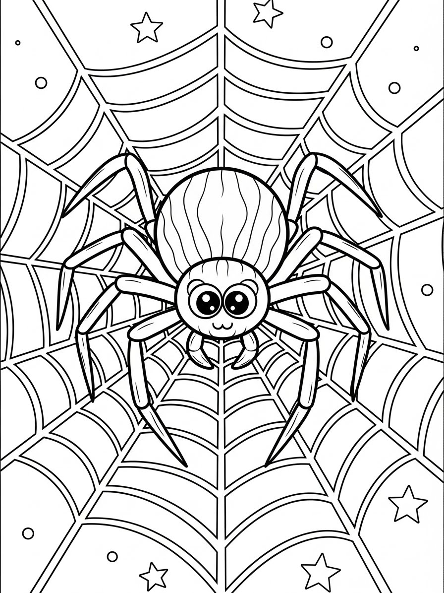 Desenho de Aranha na teia cercada por estrelas para colorir