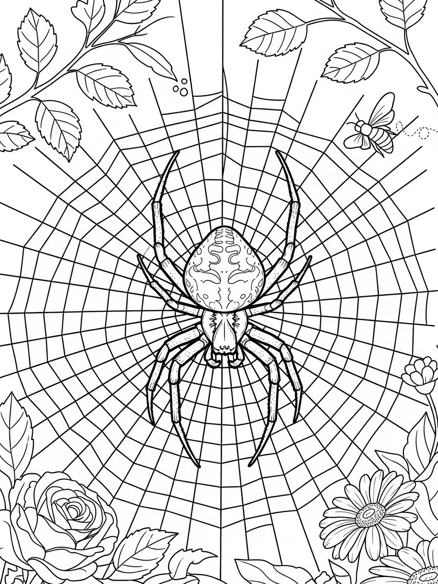 Desenho de Aranha na teia entre folhas e flores para colorir