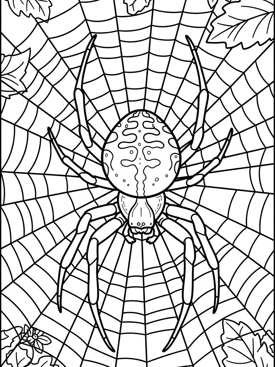 Desenho de Aranha na teia com folhas para colorir