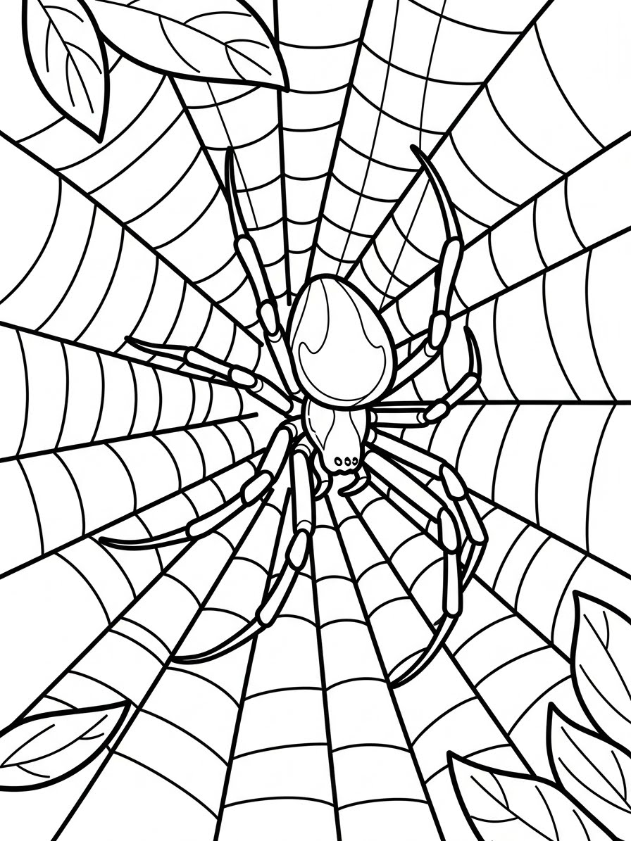 Desenho de Aranha na teia cercada por folhas para colorir