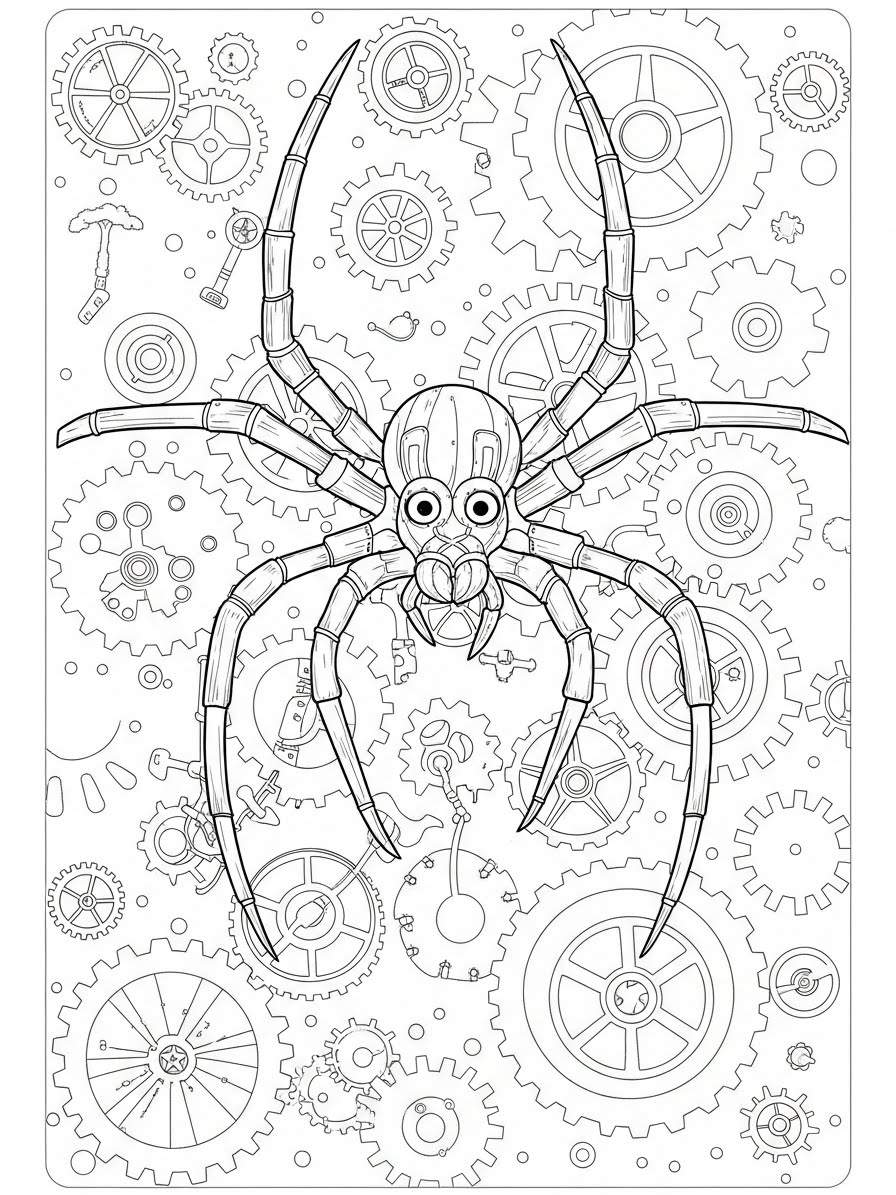 Desenho de Aranha entre engrenagens para colorir