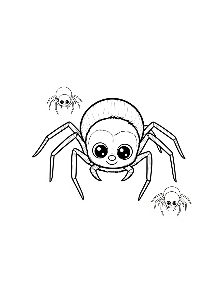 Desenho de Aranha fofa e três aranhas pequenas para colorir