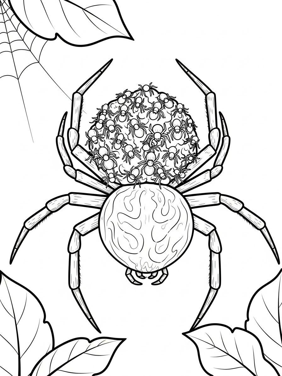 Desenho de Aranha com filhotes nas costas para colorir
