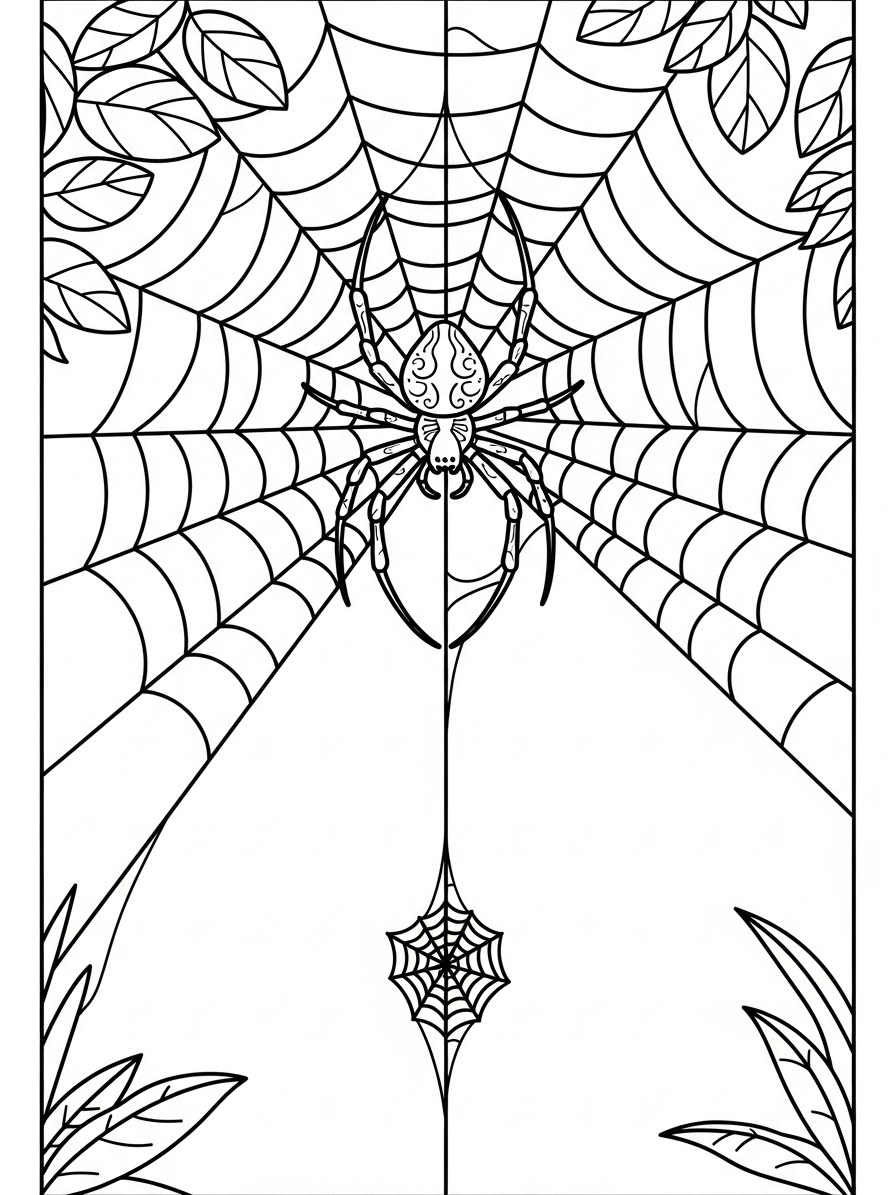 Desenho de Aranha em teia com folhas para colorir