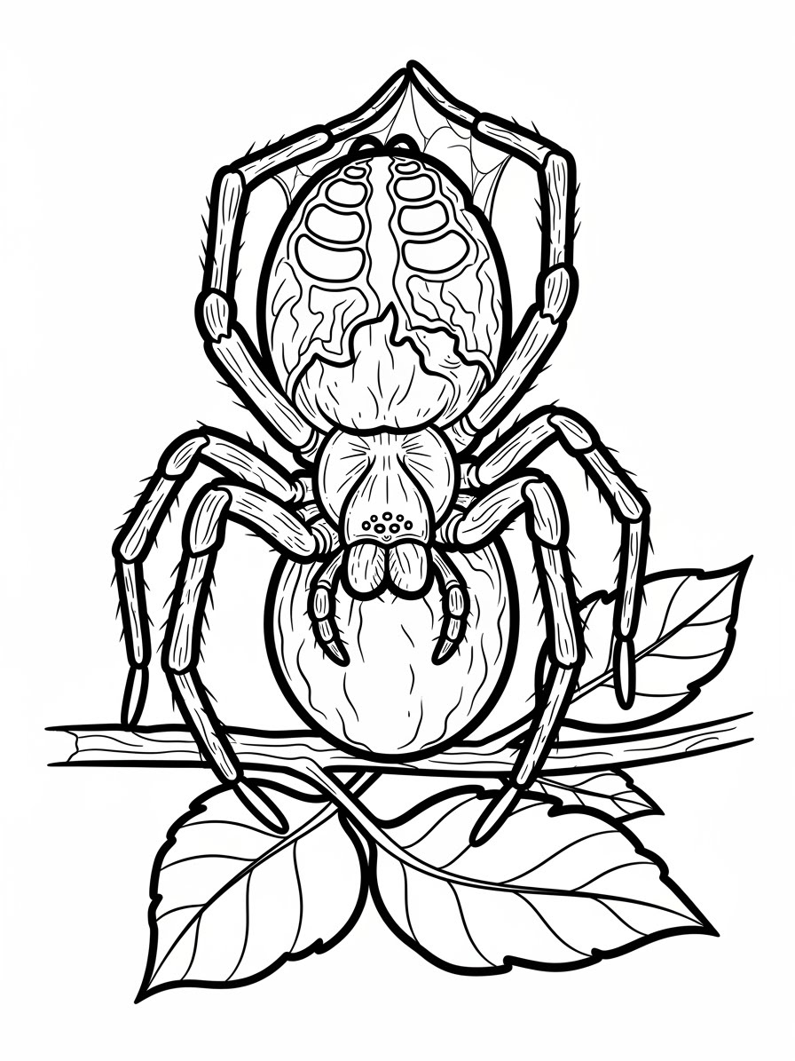Desenho de Aranha em galho com folhas para colorir
