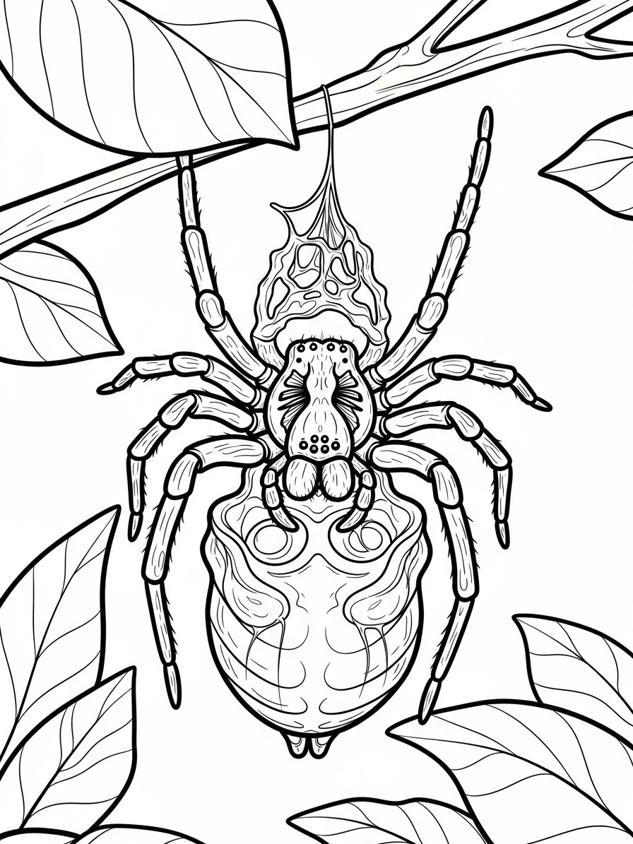 Desenho de Aranha pendurada em galho para colorir