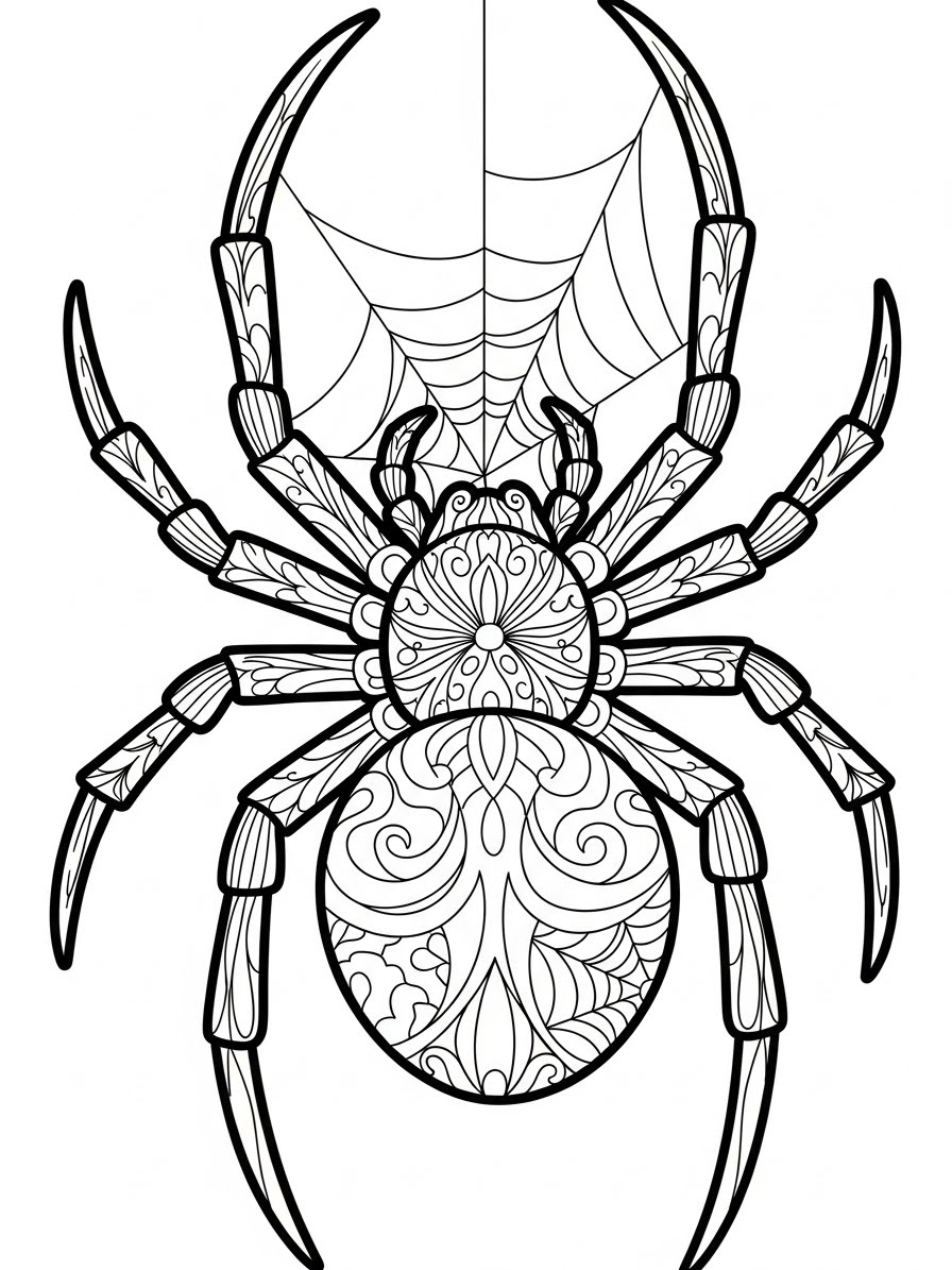 Desenho de Aranha detalhada com teia para colorir