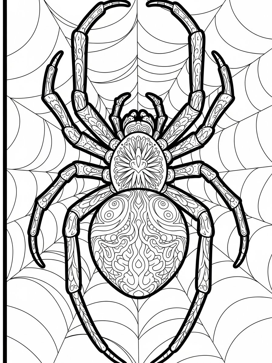 Desenho de Aranha detalhado na teia para colorir