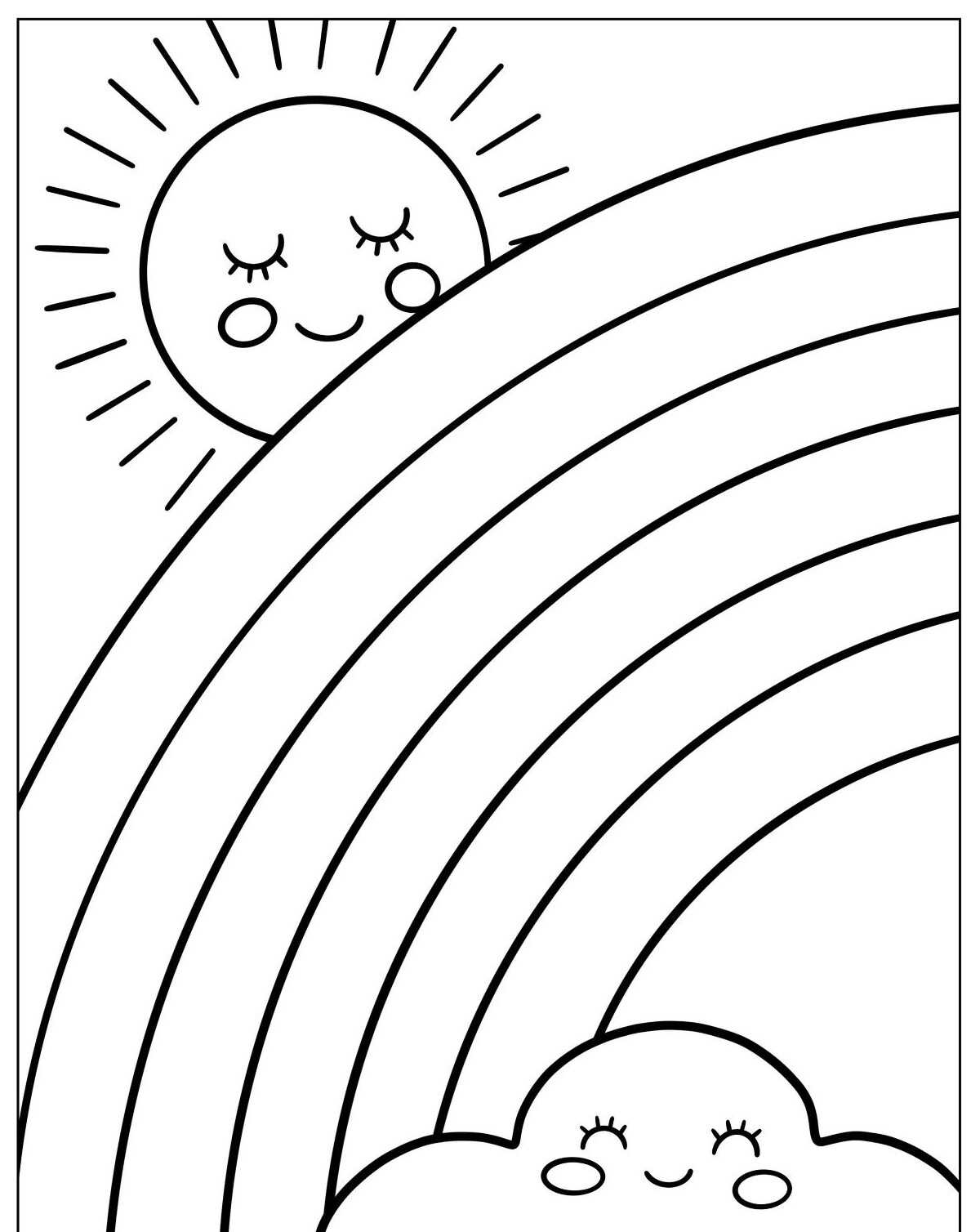 Desenho de Arco-íris com sol e nuvem sorridente para colorir