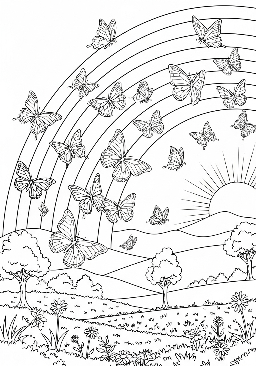 Desenho de Arco-íris com borboletas para colorir