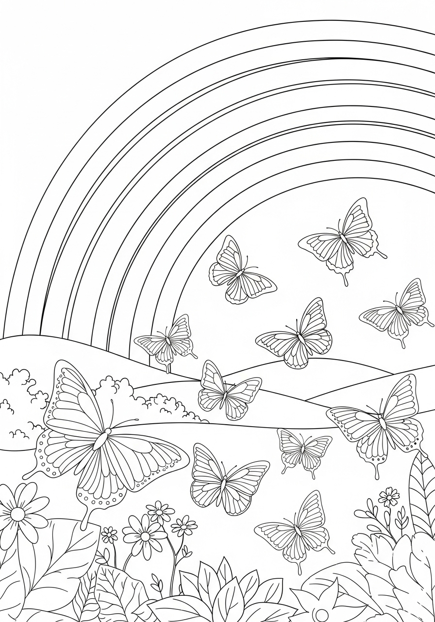 Desenho de Arco-íris com borboletas para colorir