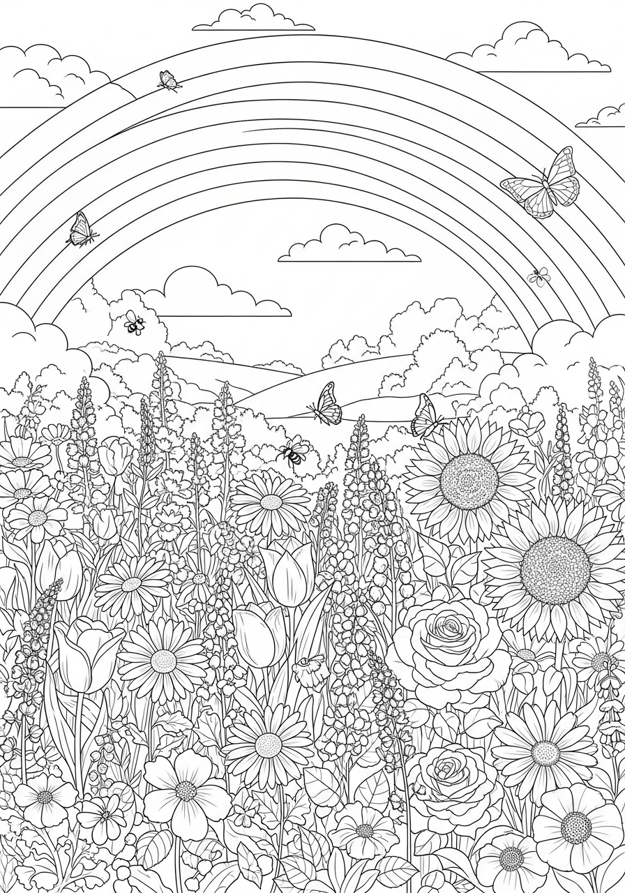 Desenho de Arco-íris com flores e borboletas para colorir