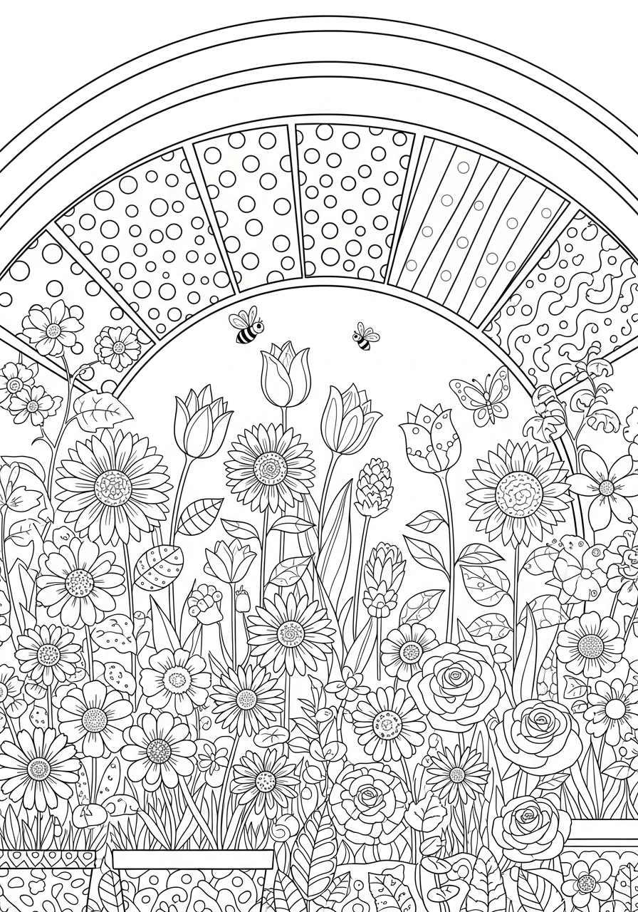Desenho de flores embaixo de um arco-íris para colorir