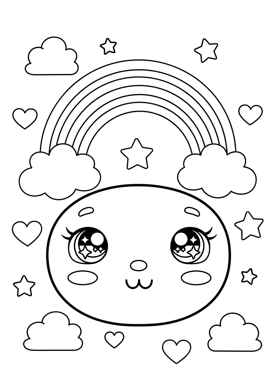 Desenho de arco-íris com nuvens corações e estrelas para colorir