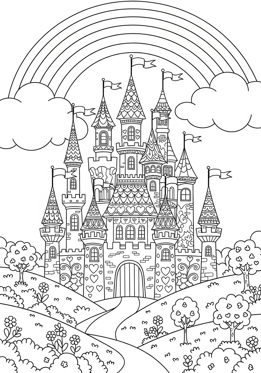 Desenho de castelo encantado com arco-íris e nuvens