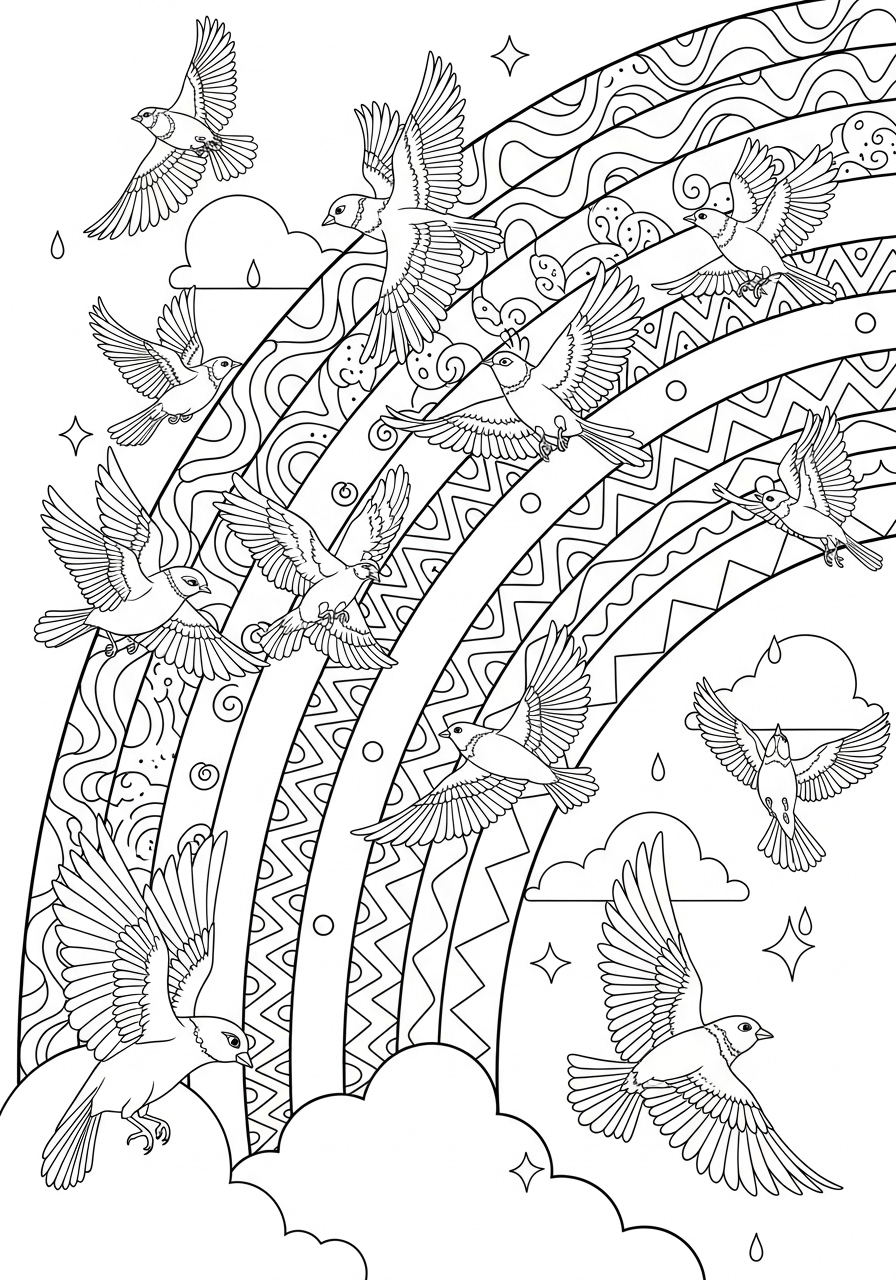 Desenho de Arco-íris com pássaros e nuvens para colorir