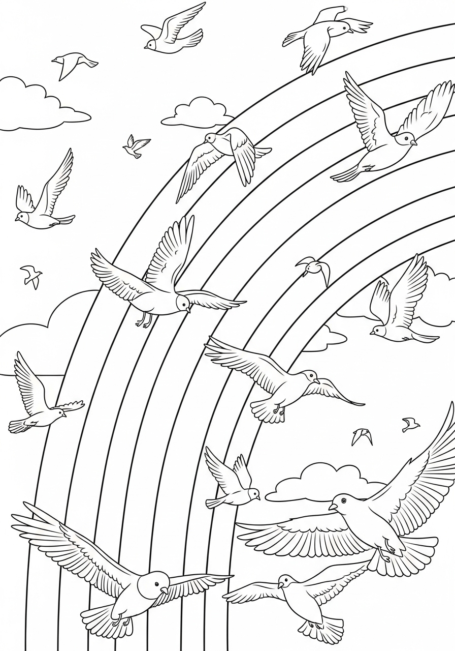 Desenho de Arco-íris com pássaros e nuvens para colorir