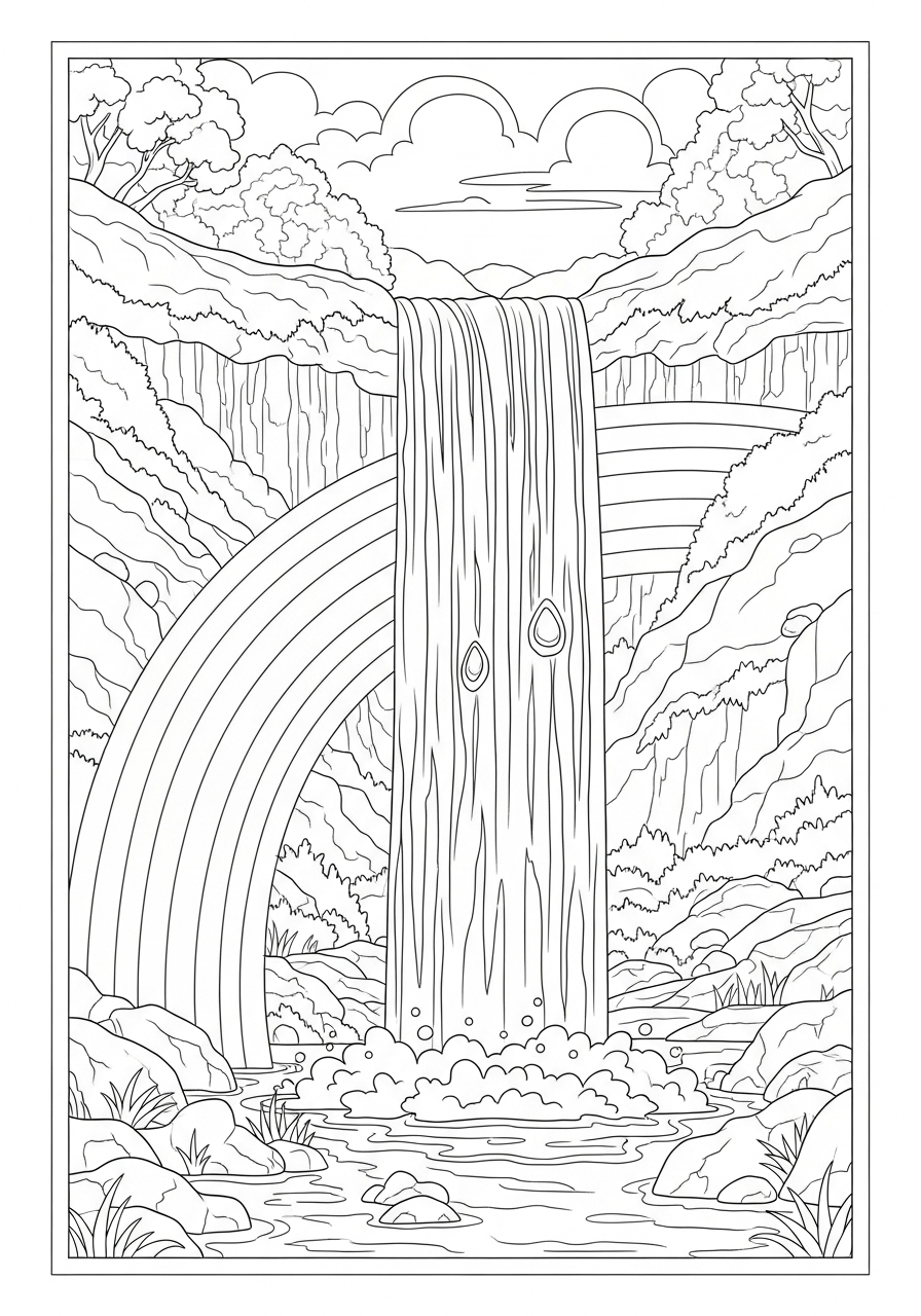 Desenho de Arco-íris com cachoeira e paisagens para colorir