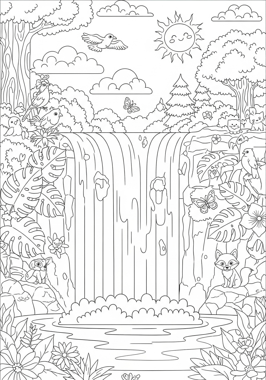 Desenho de Arco-íris com queda dágua e natureza para colorir