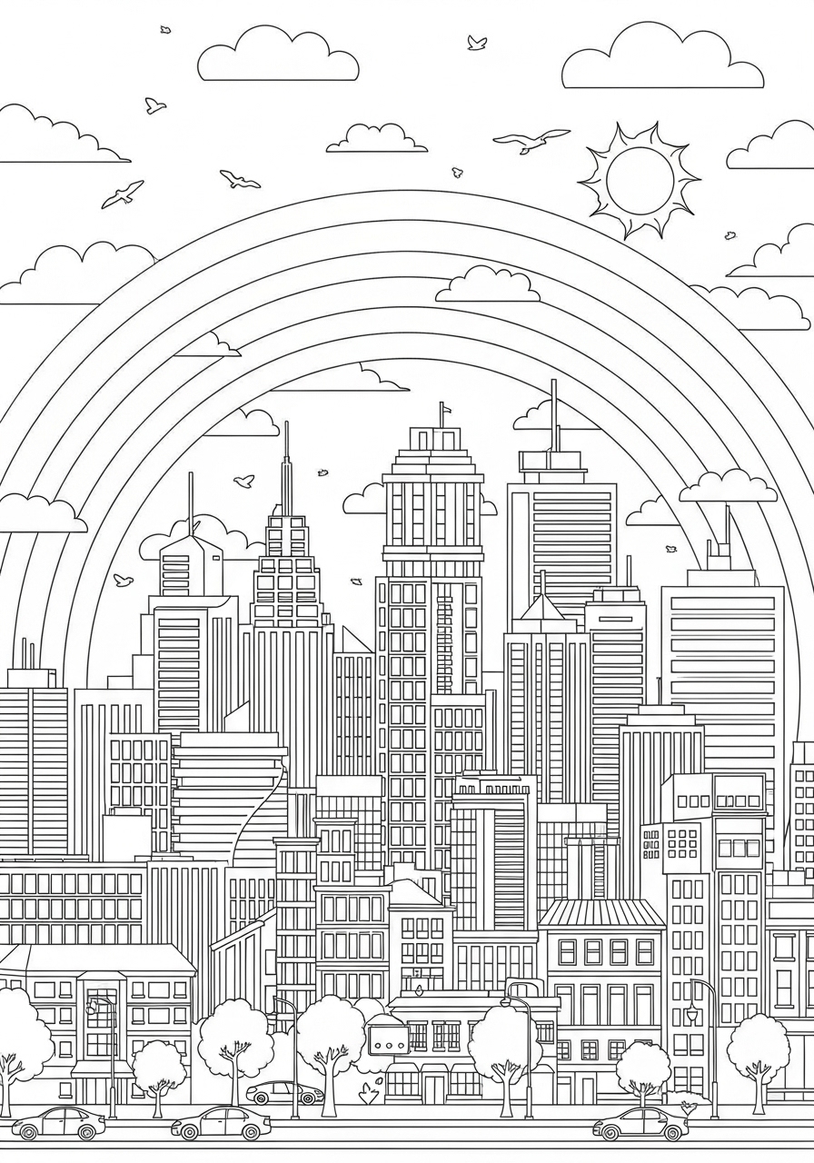 Desenho de Arco-íris sobre cidade moderna para colorir