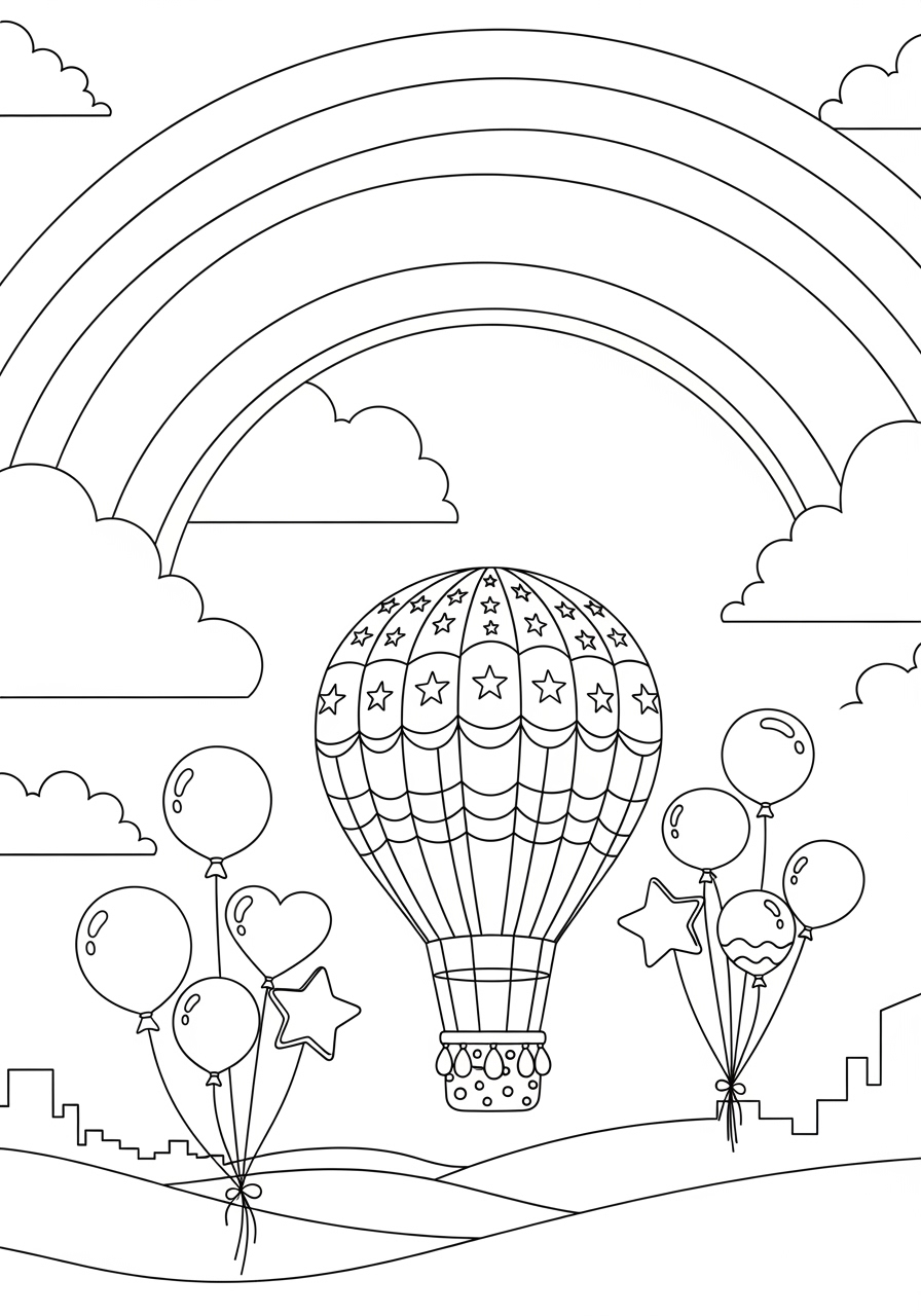 Desenho de balão de ar quente com arco-íris para colorir