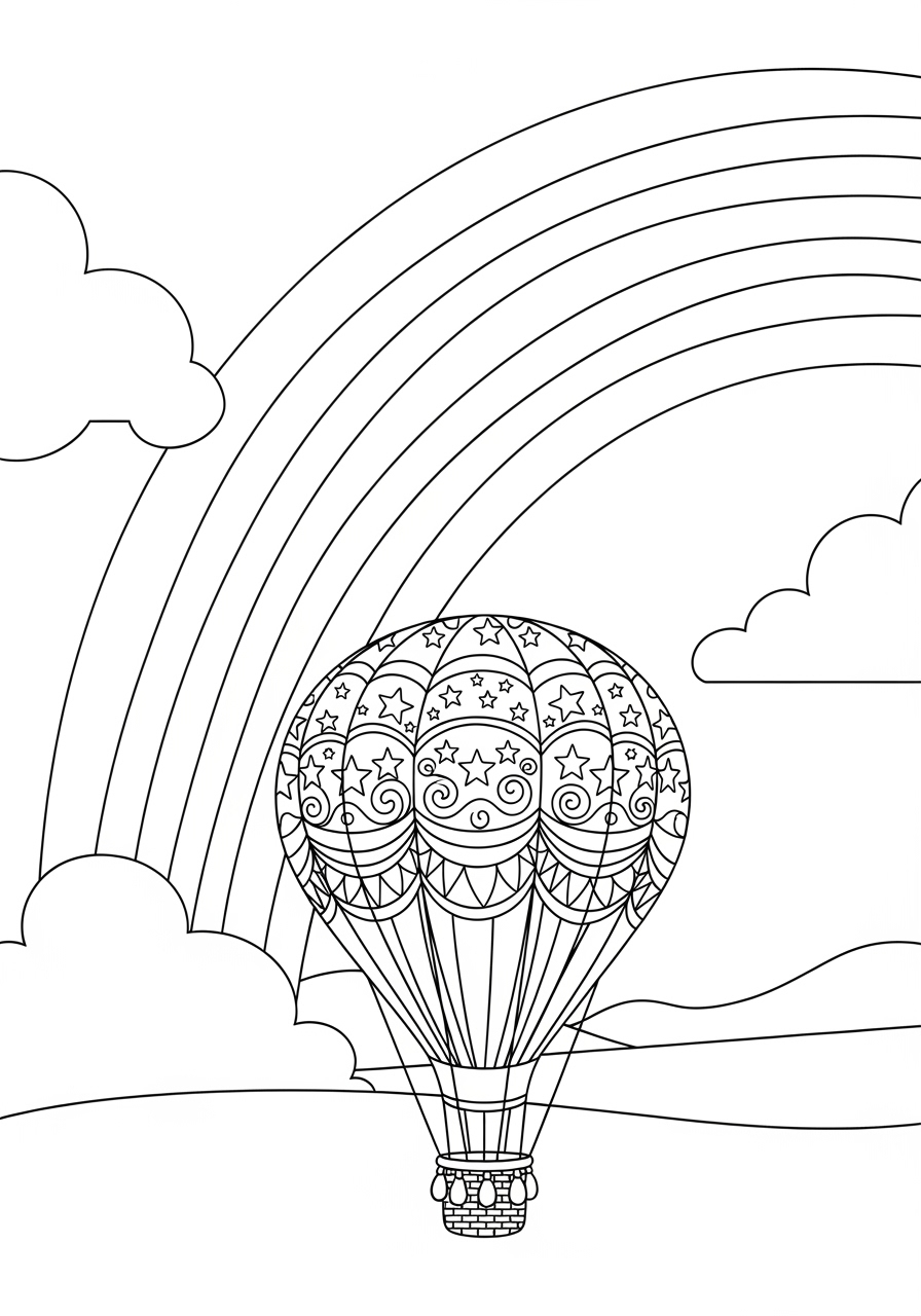 Desenho de balão sob arco-íris com nuvens para colorir