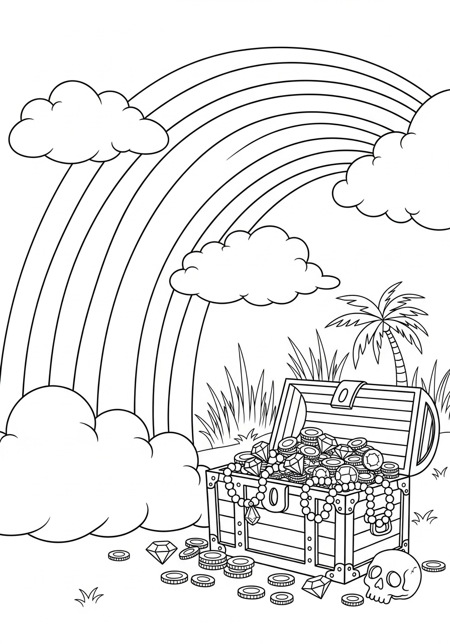 Desenho de Arco-íris com baú de tesouro para colorir